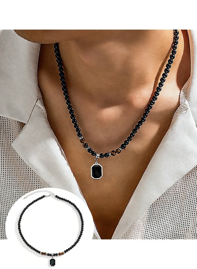 Happy D Black Beaded Chain Necklace with Safety Clasp, Men's Hip-Hop Niche High-End Minimalist Personalized Collarbone Chain Accessory - Image 1
